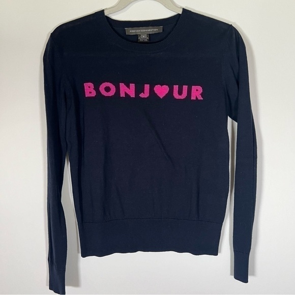 French Connection navy cotton sweater "Bonjour" graphic preppy lightweight sz S - Picture 1 of 6